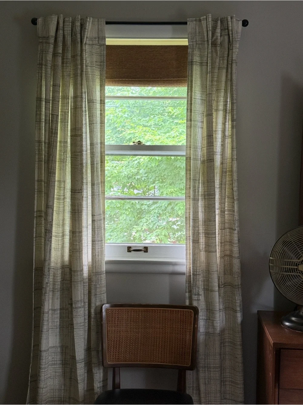 West Elm Cream and Gray Cotton Grid Curtain Panel